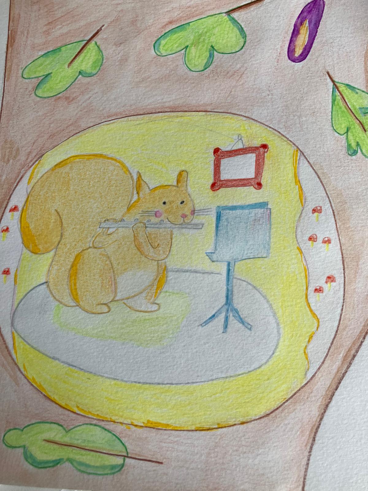 Aquarel van een eekhoorn die fluit speelt