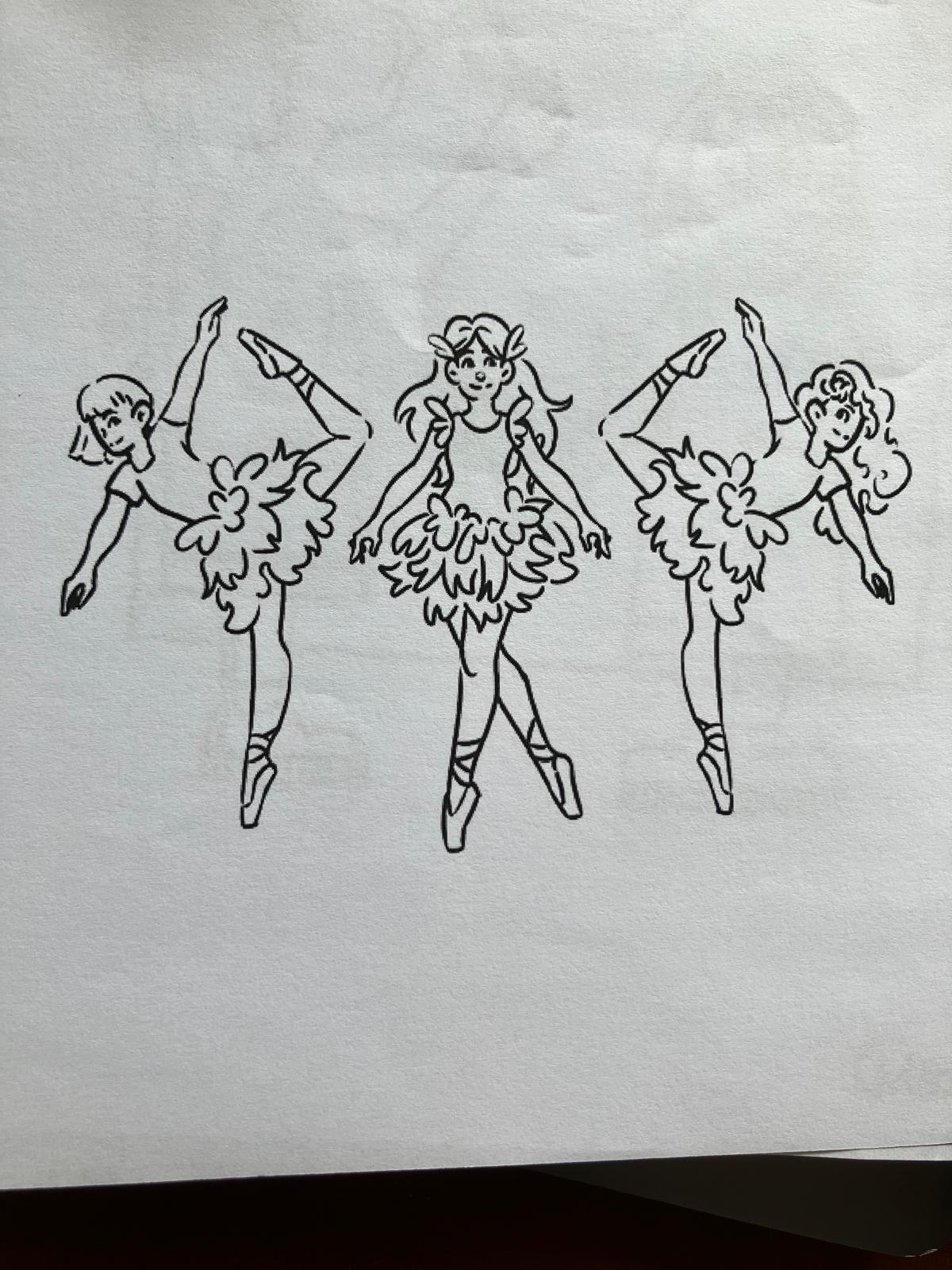 Kleurplaat: drie ballerina's