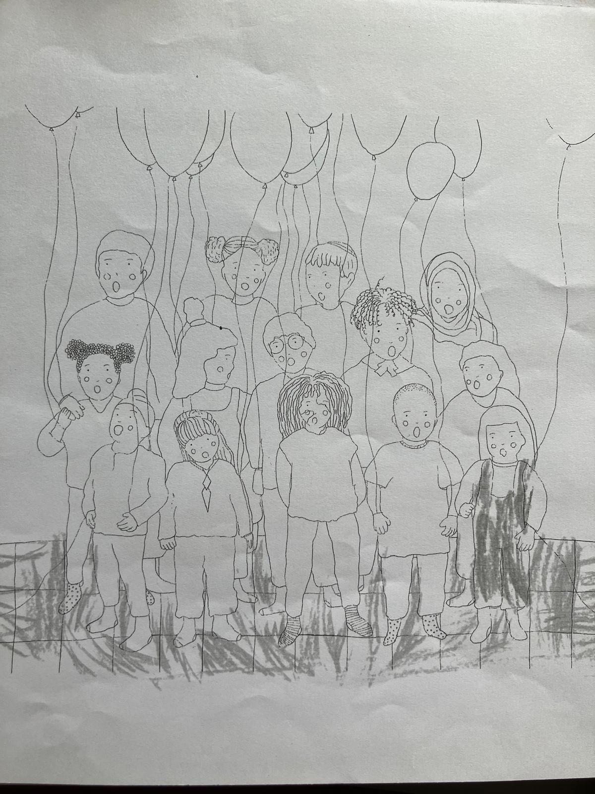 Kleurplaat: familie met ballonnen