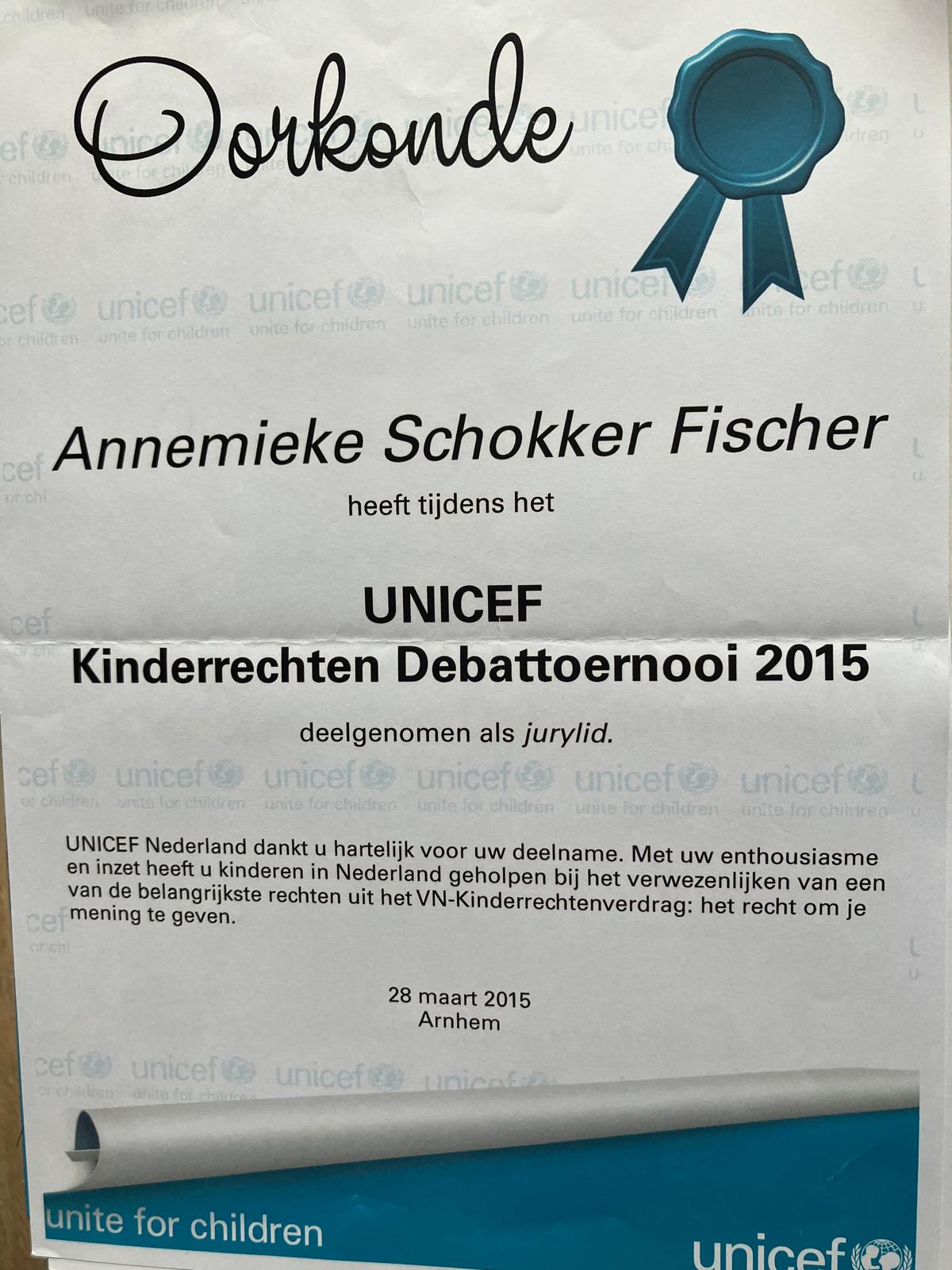 Oorkonde UNICEF Kinderrechten Debattoernooi